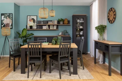 Set of grey extending dining table and 6 solid wood chairs high quality - Image 1 of 4