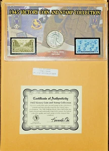 1945 SIEG MÜNZEN & BRIEFMARKENSAMMLUNG SILBER WANDERN 50c & ZWEI 3c BRIEFMARKEN MIT COA - Bild 1 von 6