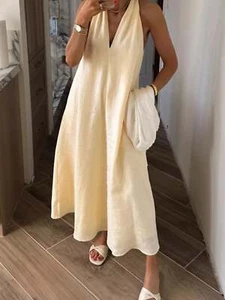 Vestido de verano de lino sin mangas para mujer | Halter suelto informal cuello en V midi soleros - Imagen 1 de 9