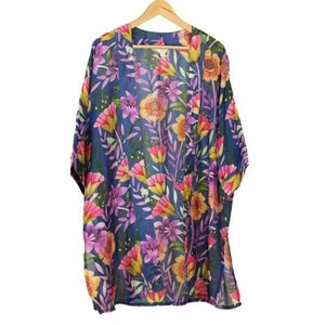 Womens Floral Kimono Beachwear Blouse Bikini Cardigan Long Cover Blue Mix - Picture 1 of 1