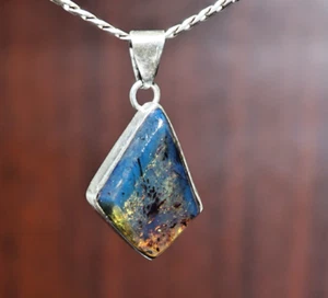 Ciondolo in argento sterling .925 ambra blu cielo chiaro naturale inclusioni impressionanti - Foto 1 di 9