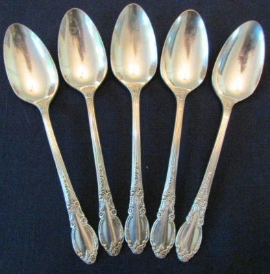 SET 5 TEASPOONS! Vintage 1881 ROGERS ONEIDA silverplate ENCHANTMENT patt: LOVELY - Image 1 of 4