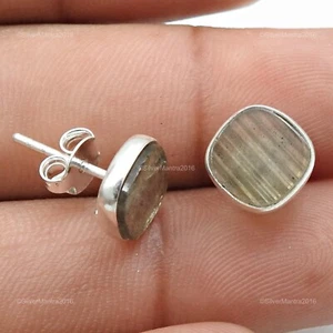Square Labradorite Gemstone Stud Bezel Earrings 925 Silver Women Gift - Picture 1 of 9