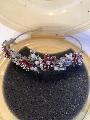 David’s Bridal Tiara Rhodium Pearl Crown w/ Apple Stones & Rhinestone - Image 1 of 3