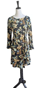 INC International Concepts Faux Wrap Medi Dress Women's Sz M Floral Black & Gold - Picture 1 of 13