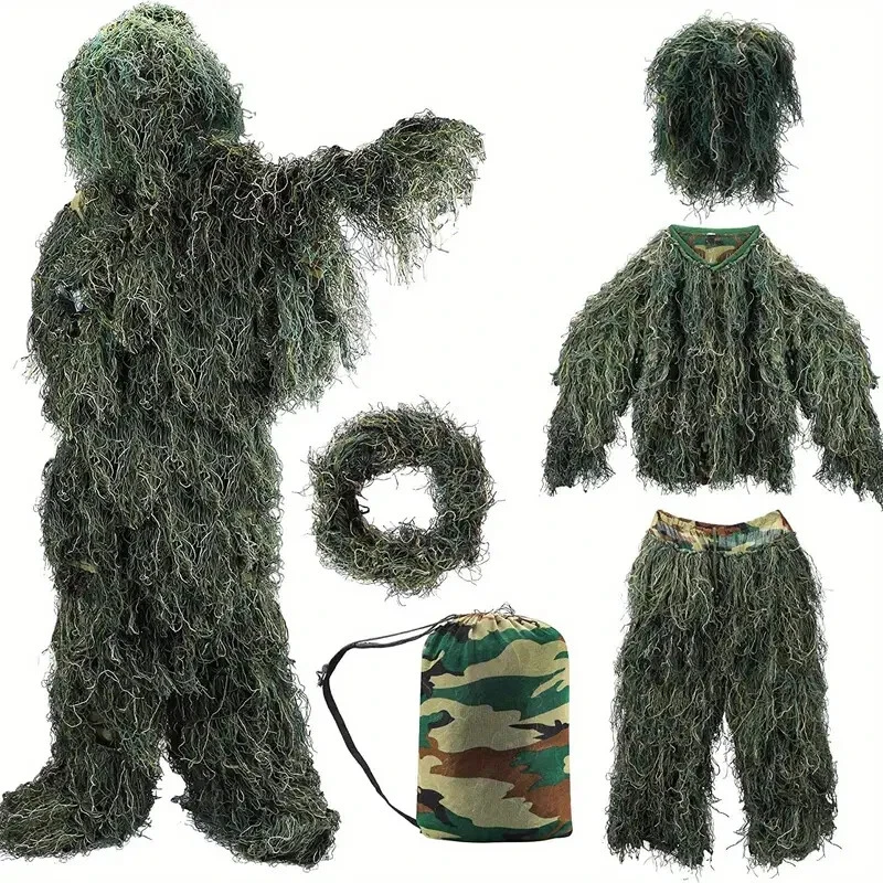 New 1pc Camo Ghillie Clothing Set For Kids - Jacket, Pants, Hood, And Handbag - Image 1 of 4