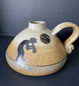 Pottery Jug Earth Tones Handle Kokopelli Horn Blower Blue Accent 7” Across 4.5” - Picture 1 of 6
