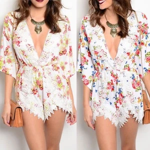 Womens Boho Plunge Crochet Floral Print Romper  - Picture 1 of 9