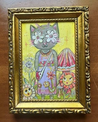 Gato Hippie Original Mini Moldura Dourada Arte Acrílica Paz Cogumelo Flores 5,5x7” - Imagem 1 de 4