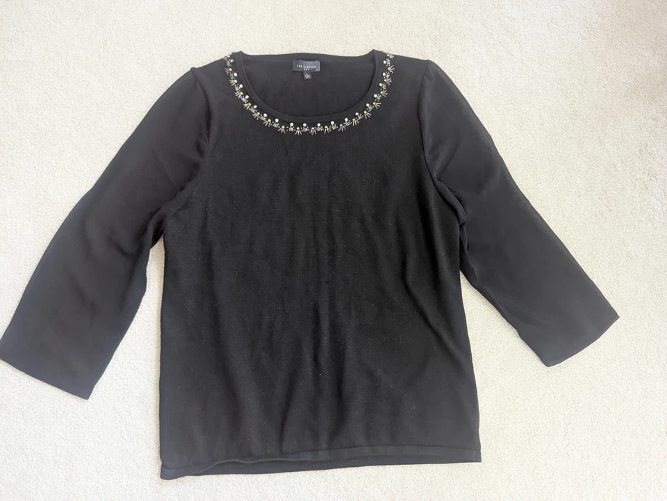 NWT THE LIMITED Black 3/4 Sheer Sleeves Rhinestone Collar Front Sweater L - Image 1 of 4