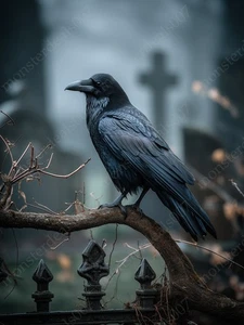 Raven in Cemetery Poster Gothic Graveyard Cross Spooky Crow Art Print Wall Decor - Bild 1 von 1