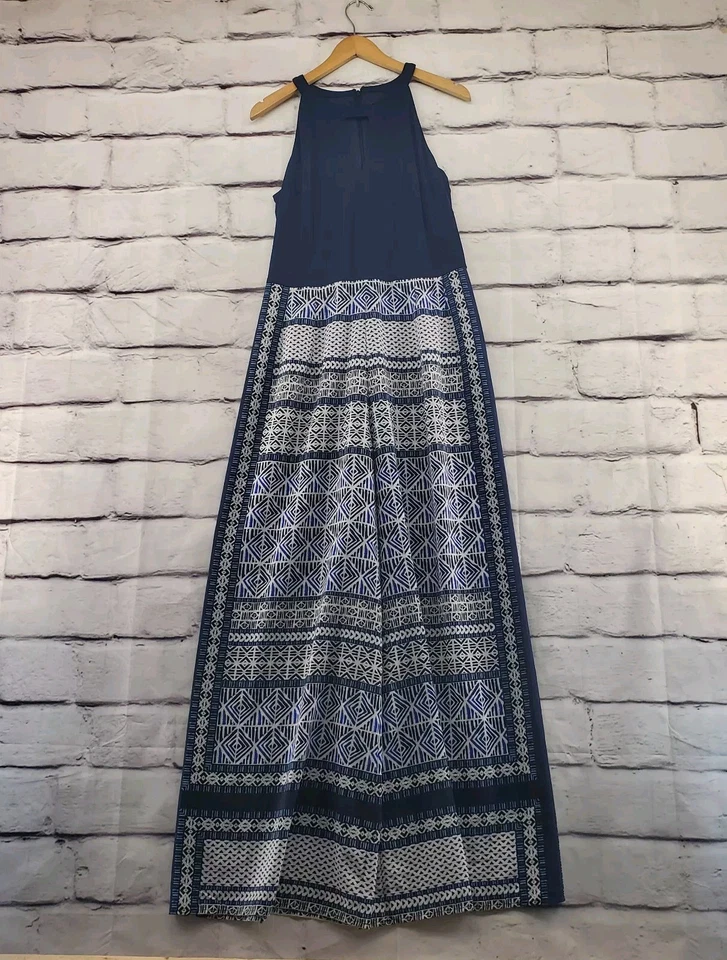 Mono VINCE CAMUTO para mujer 12 sin mangas cremallera geométrica pierna ancha azul blanco Foto 1 de 4