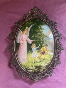 De Colección Ovalado Filigrana Enmarcado Ángel de la Guarda Vigilando Niños Impresión 6.5 “x 9.5” - Imagen 1 de 13