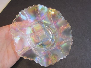 Antique White Dugan Grapevine Lattice Low Ruffled Carnival Glass Bowl - Picture 1 of 5