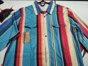 Manly Shirt Mens 3XL Teal Red Western Snap Serape Stripe Long Sleeve Linen Blend - Picture 1 of 21