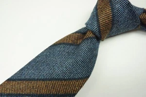 Cesare Attolini Denim Blue Peanut Brown Striped Woven Wool Tie BRAND NEW - Picture 1 of 6