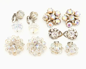 Collezione di 5 orecchini vintage clip-on strass trasparenti e AB aurora boreale - Foto 1 di 7