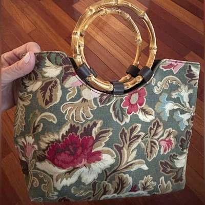 Bolso Cartera Longaberger Sisters Verde Floral Cierre a Presión Mango de Bambú Otoño 10x11 Foto 1 de 4