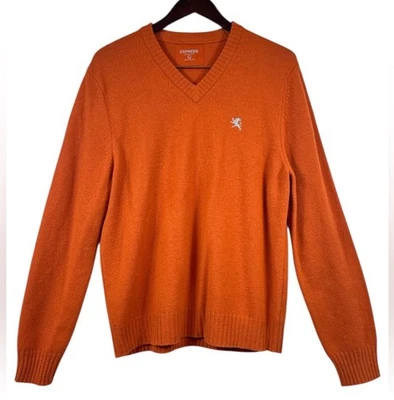 Suéter Pullover Vintage Express Para Hombre 100% Lana de Cordero Naranja Cuello en V Talla Grande Foto 1 de 4