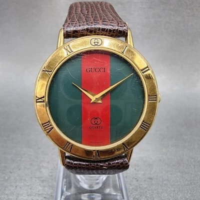Gucci 3000M Watch Men 33mm Red And Green Dial Gold Plated Round New Battery - Image 1 of 4