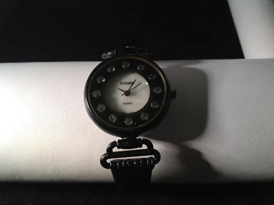 Futura Crystal Round Face Black Leather Band 8 inch Long Wrist Watch - Image 1 of 2