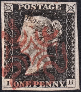 1840 AS14 SG2 1d BLACK PLATE 2 VERY FINE USED 4 LARGE MARGINS RED CROSS (IH) - Picture 1 of 2