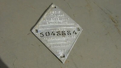 1956-1967 RENAULT DAUPHINE R-1090 ОРИГИНАЛЬНЫЙ БРИЛЛИАНТ НОМЕРНОЙ ЗНАК КАПОТ ШАССИ ЯРЛЫК - Изображение 1 из 4