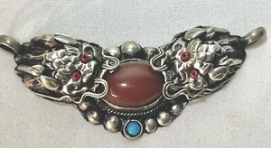 Vintage Tibetan Silver & Figural Dragon & Carnelian & Turquoise Stone Pendant * - Picture 1 of 3