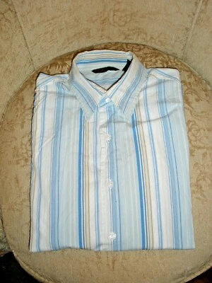 Long Sleeve Shirt Light BlueGold Stripes By Axist 100% Cotton Pocketless - Image 1 of 4