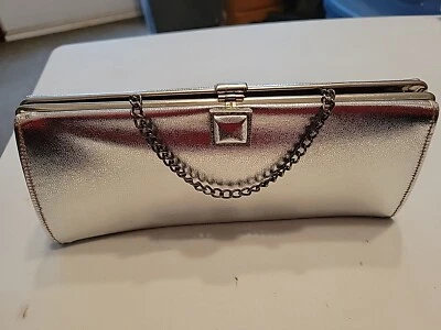 Vintage Evening Clutch Polished Sulver Faux Leather with chain handle - Image 1 of 4