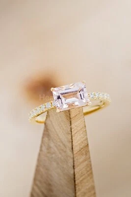 Anillo de morganita natural y diamantes talla esmeralda de 1 quilate 100 % oro amarillo sólido de 14 k Foto 1 de 4