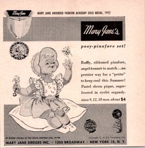 1952 Mary Janes Print Ad Baby Posy-Pinafore Set Ruffles Ribbons Matching Bonnet - Imagen 1 de 1