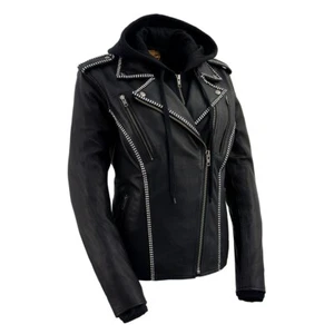 Milwaukee Leather MLL2503 Women's Black 'Bedazzled' Leather Moto Jacket w/Hoodie - Picture 1 of 10
