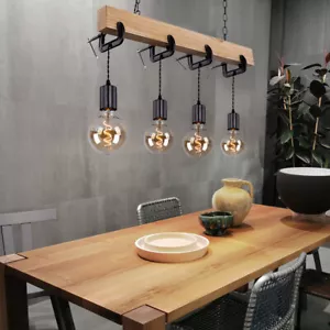 Holzleuchte Pendellampe Vintage Hängeleuchte 4 flammig Esszimmer schwarz H 120cm - Bild 1 von 9