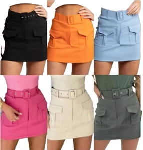 New Women's Ladies High Waist Short Skirt Belted Pocket Cargo Mini Party SkortUK - Picture 1 of 10