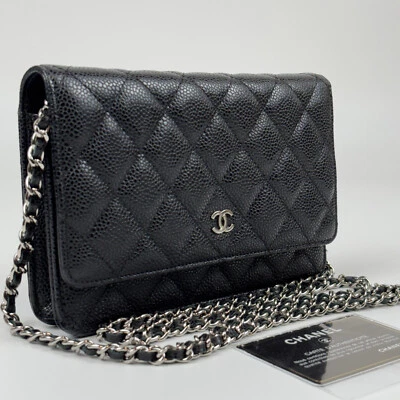 Auth CHANEL Caviar Quilted Wallet on Chain WOC Black Silver a51 - Image 1 of 4