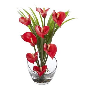 Artificial 15.5" Calla Lily And Grass Arrangement In Vase Red - Picture 1 of 1