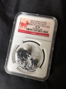 2015 - Tokelau S$5 Year of the Goat - Reverse Proof NGC PF 70 - 1 oz Silver .925 - Picture 1 of 2