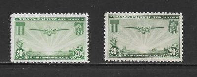 UNITED STATES SCOTT C21 MINT HINGED VF x 2 - 1937 20c GREEN CHINA CLIPPER ISSUE - Image 1 of 2