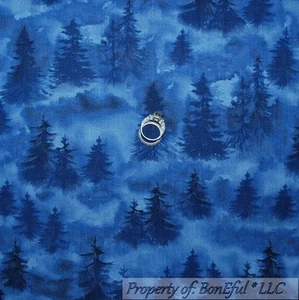 BonEful Fabric FQ Cotton Quilt Blue Sky Night Real Tree Xmas Forest Log Cabin UK - Picture 1 of 13