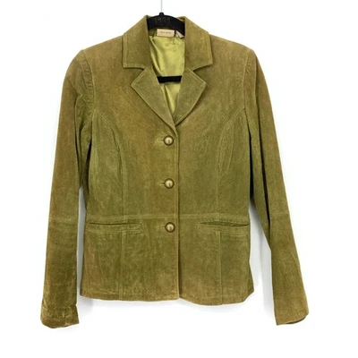 Ruff Hewn Suede Leather Blazer Jacket Womens Size Medium Olive Green 3 Button - Image 1 of 4