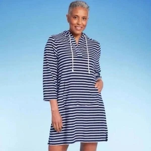 New Lands' End Striped V-Neck Terry Hooded Swimsuit Cover Up Striped sz M - Picture 1 of 4
