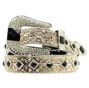 Nocona Western Belt Leather Croc Rhinestone Studded Cowgirl Metal Big Buckle M - Picture 1 of 15