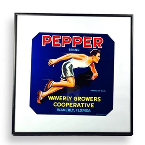 Vintage Fruit Crate Label, Pepper brand, Track theme, Sprinter, Framed Wall art - Picture 1 of 4