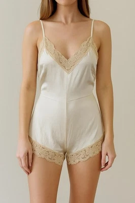 Vtg Satin FLARE TEDDY SHINY SATIN LACE Romper Button Closure Small One Piece - Image 1 of 4