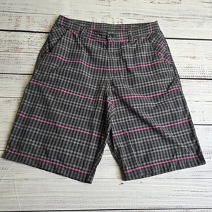 Lululemon Mens Kahuna Size 32 Plaid Casual Golf Shorts Black Gray Pink 11 Inseam - Picture 1 of 8