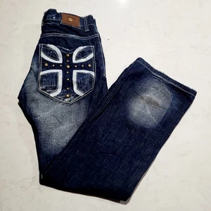 Vintage REVE Cross Jeans Rhinestone Bling Embroidered Heavy Stitch EUC 32 x 32 - Picture 1 of 16
