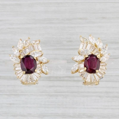 4.42ctw Pear Ruby Diamond Cluster Drop Earrings 18k Yellow Gold GIA Omega Backs - Image 1 of 4