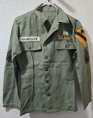 VTG-Korean War OG-107 Shirt Size M-Blue SSgt-Airborn Wings-1st Cavalry Patches - Image 1 of 4