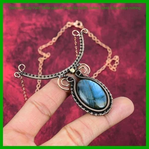 Halloween Sale Oval Labradorite Stone Wire Wrapped Elegant Chain Necklace Copper - Picture 1 of 6